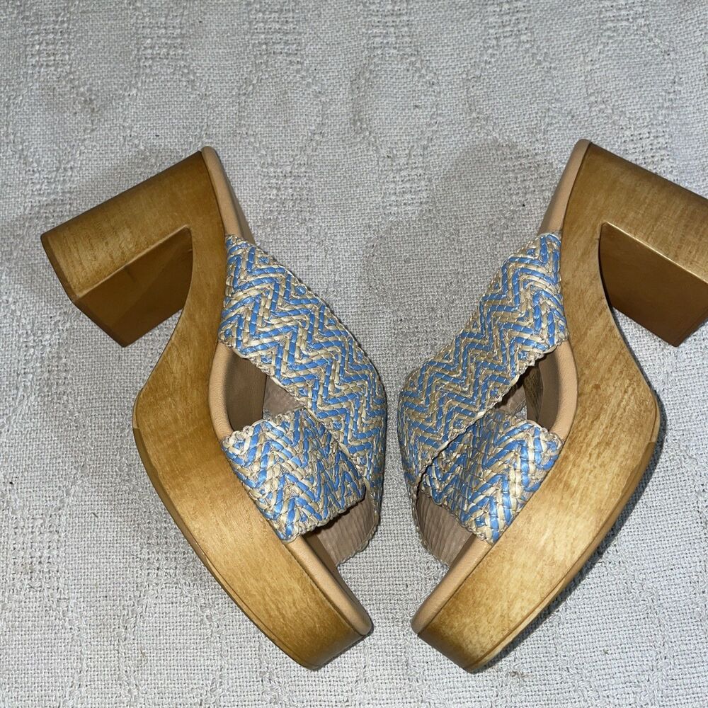 Avellini Women’s Heeled Slides Size 40 U.S. 9 M Blue Beige Fabric Outdoors Beach